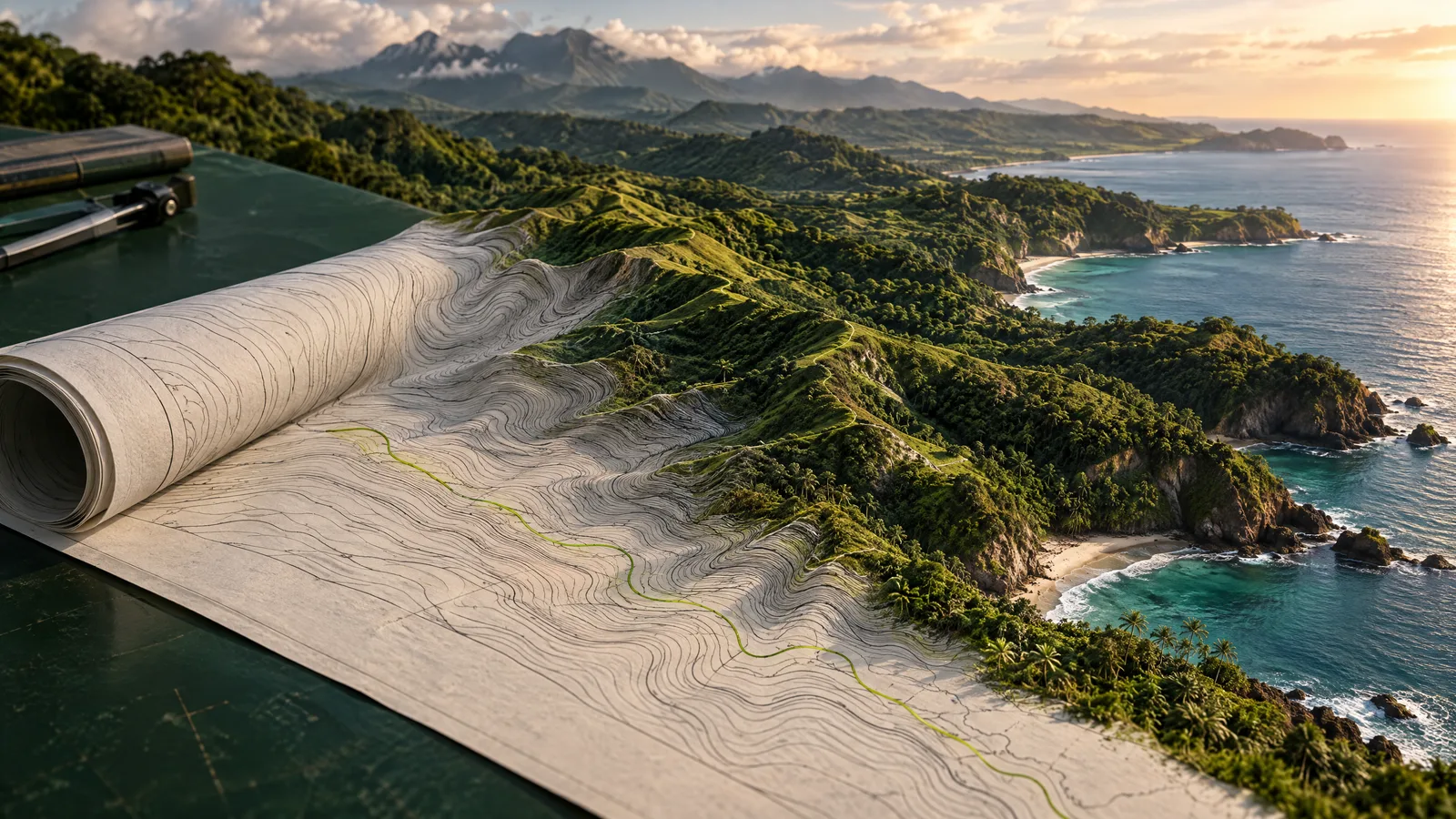 Composición conceptual que conecta un plano con un paisaje verde