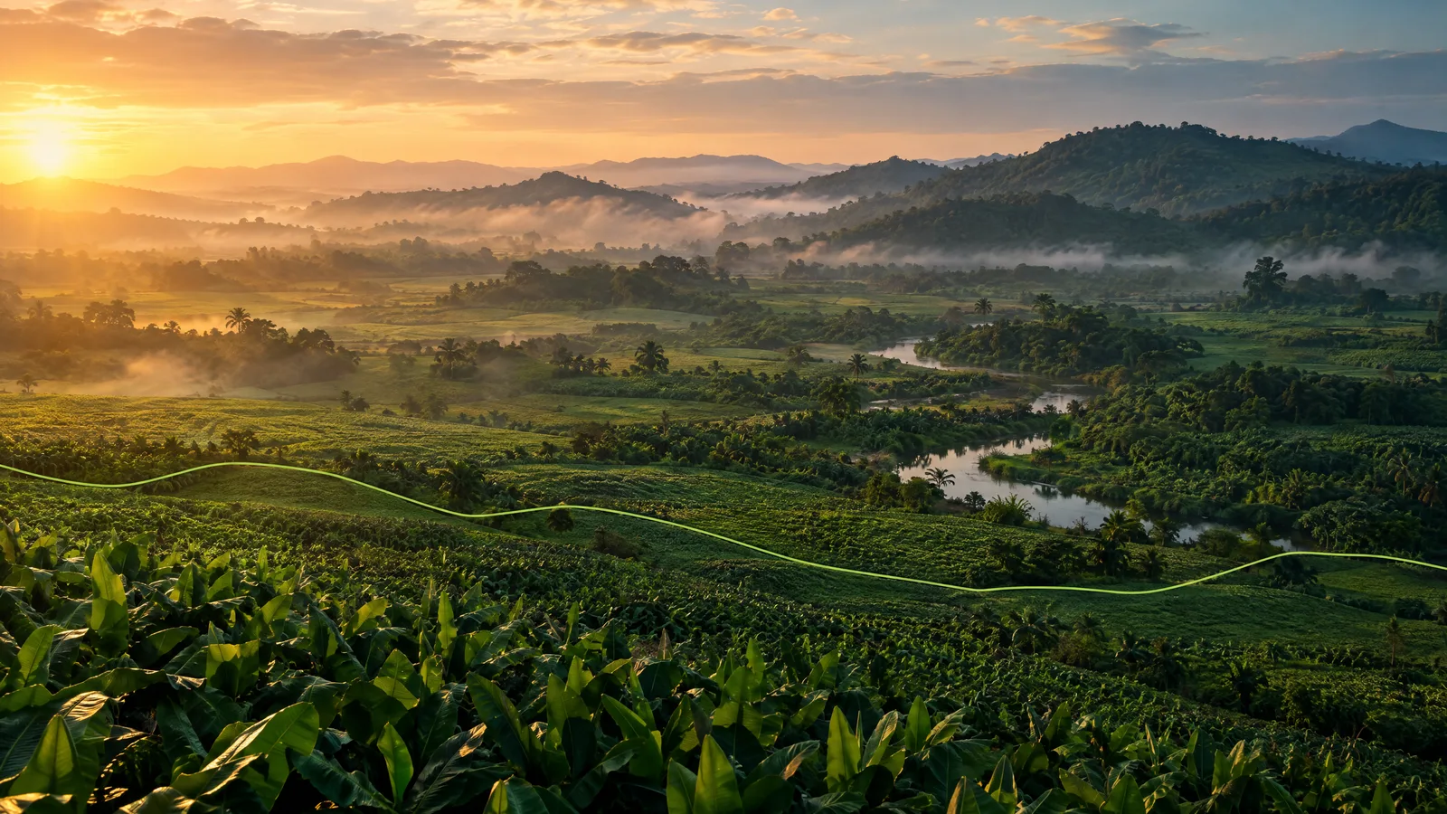 Paisaje conceptual de la llanura verde y las estribaciones de Ecuador